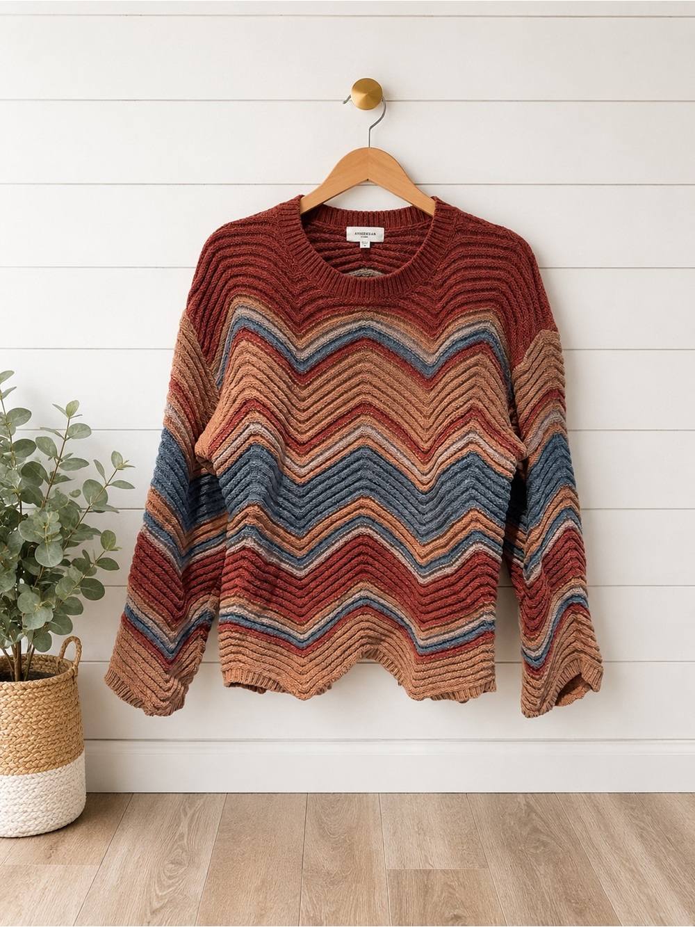 🩵🤎ANNIEWEAR Chevron Ribbed Knit Sweater | Rust Blue Multi Stripe | Medium - Picture 2 of 5